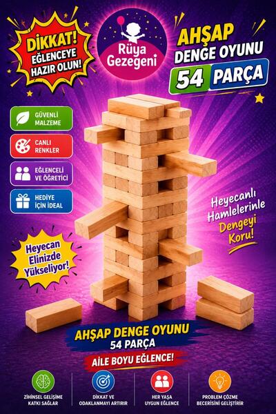 Rüya Gezegeni Kat Kat Ahşap Denge Oyunu Jenga 54 Parça Eğitici Zeka Oyunu