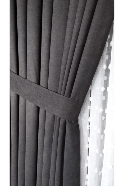 Yuka Anthracite Velvet Textured Background Curtain Single Panel 1/2.5 Medium ...