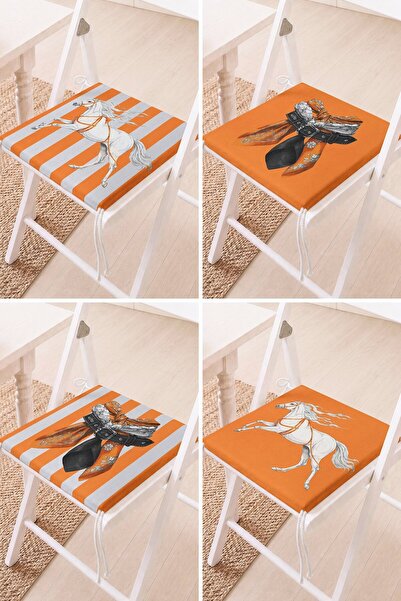 Home Set of 4 Orange Patterned Lace-Up Chair Cushions with Horse Figures on t...