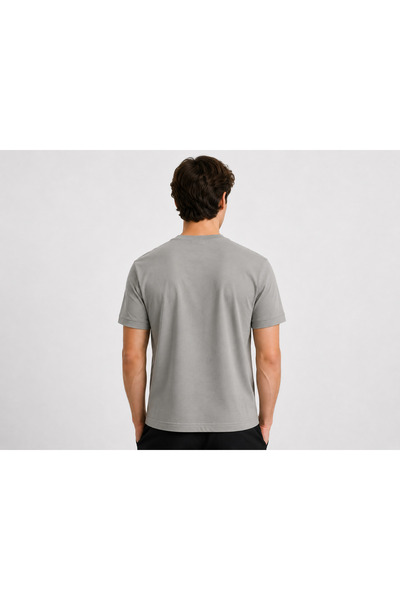 MARKATEM Feeling Men's Light Gray Premium Basic T-Shirt Crew Neck Ribbed Soft Textured Ribbed Sleeve