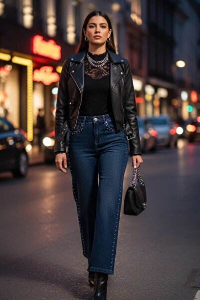 yb yağmur butik Pocket and Side Drop Stone Detailed Palazzo Jeans