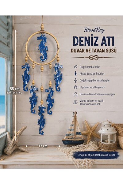 WoodBay Deniz Atı Duvar ve Tavan Süsü El Yapımı Ahşap Bambu Marin Dekor Deniz...