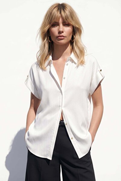Sateen Stripe Patterned Short Sleeve Shirt - Ecru