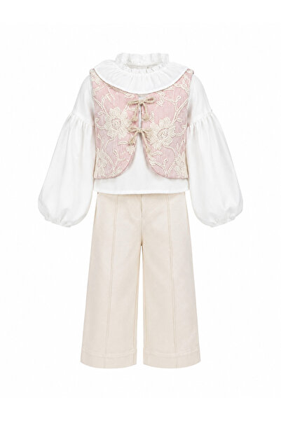 KÜÇÜK TERZİ Girl's Embroidered Vest Suit, Shirt, Pants, 3-Piece Stylish Combi...