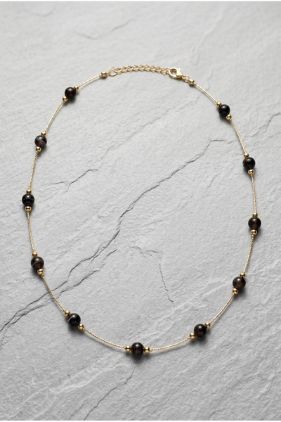 Mijja Natural Black Agate Stone Gold Color Lacquer Coating Non-Tarnishable Ru...