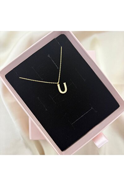 Lovera Jewellery 925 Ayar Gümüş Sertifikalı 14K Gold Renk U Harfli Harf Kolye