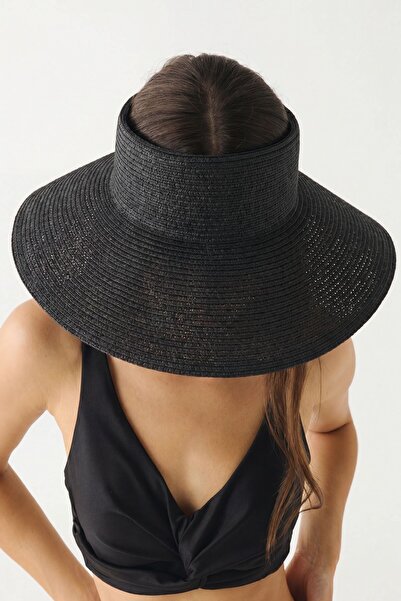 C&City Lace Detailed Open Top Visor Straw Hat Y8220 Black