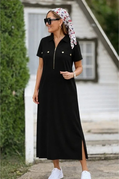 Generic Brand Women's Short Sleeve Collared Zippered Long Viscose Two-Thread ...