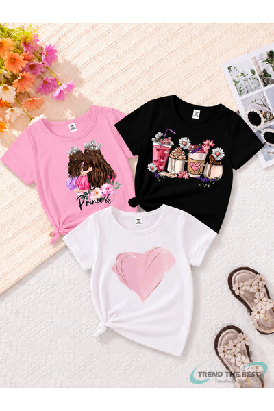 TREND THE BEST Trendin En İyisi Set de tricouri din 3 piese pentru fete, cu i...