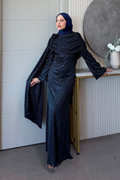Şulemoda Giyim Orkide Shoulder Floral Evening Dress Navy Blue