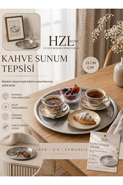 HZL HOME Modern Paslanmaz Çelik Kahve Sunum Tepsisi (23 cm, Çizilmeye Dayanıklı)