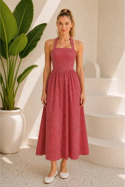 Park Karon Women's Square Neck Lace-Up Gingham Midi Dress 26091