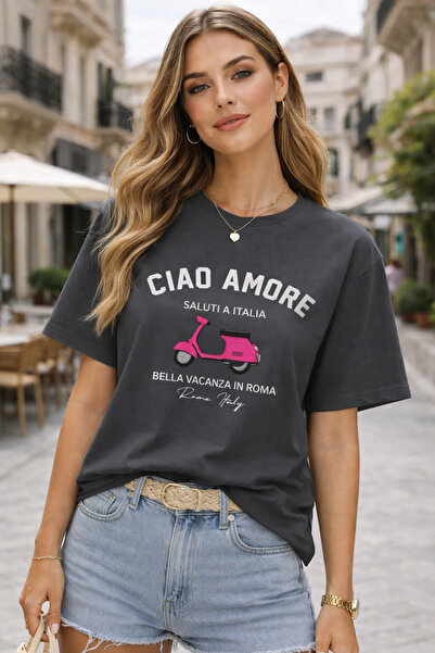 SANTAMİLA Smoked Ciao Amore Printed Oversize Tshirt