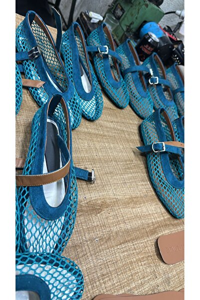 Eataly Shoes Balerini Cody din piele intoarsa turcoaz cu detaliu curea din pl...