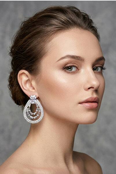 PETEK AKSESUAR Evening Dress Zircon Baguette Stone Drop Earrings 4.5 Cm.
