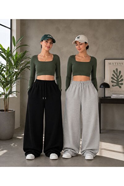 QENY 2 Pieces of Black and Gray Wide-Fit Casual Sweatpants