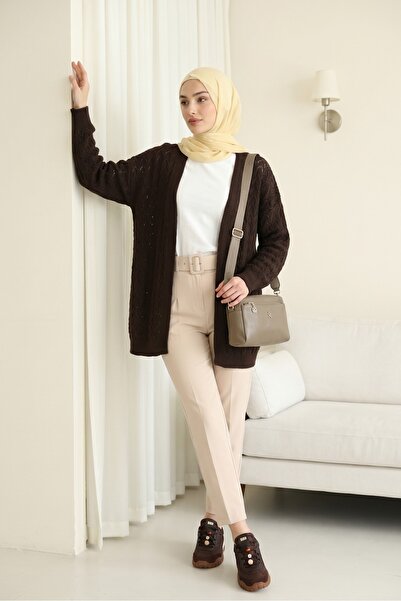 Modamorfo Openwork Patterned Casual Knitwear Cardigan - Dark Brown
