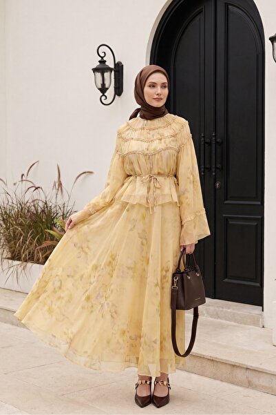 Modamorfo Wide-Sleeved, Patterned, Lined Chiffon Suit with Pleated Skirt - Ol...