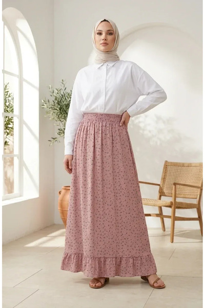 sefamerve Elastic Waist Floral Patterned Skirt 0311-04 Powder