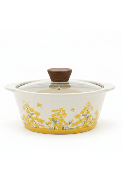 AKDC Decetime White Porcelain Soup Pot with Yellow Flower Design & Glass Lid ...