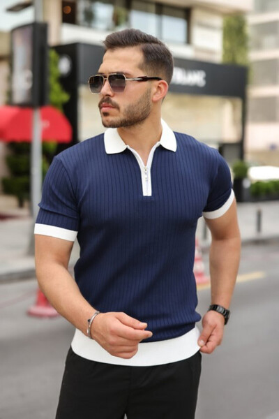 Generic Brand Men's Collar and Sleeve Detailed Zipper Collar Stripe Pattern S...