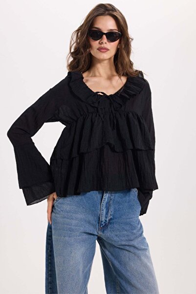 Tudors Women's Slim Fit Tight Fit V-Neck Ruffle Detailed Long Sleeve Black Bl...