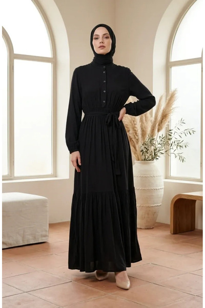 sefamerve Hakim Collar Elastic Waist Hijab Dress 0326-04 Black
