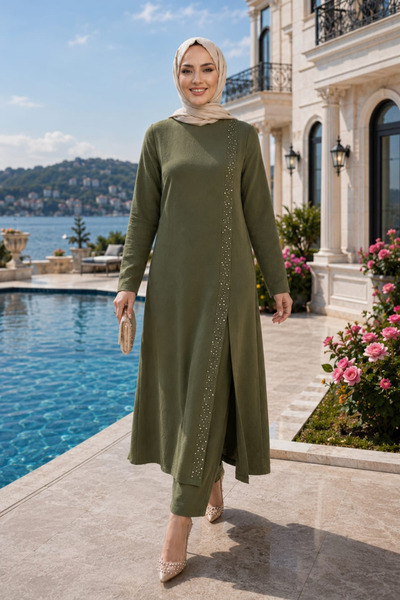 Hb Harma Time Butik Kadın İnci İşlemeli Haki Tunik-Pantolon İkili Takım