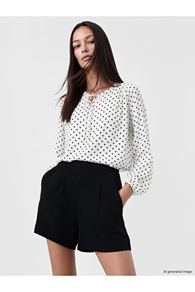 LC Waikiki White Tie-Neck Polka Dot Gathered Blouse