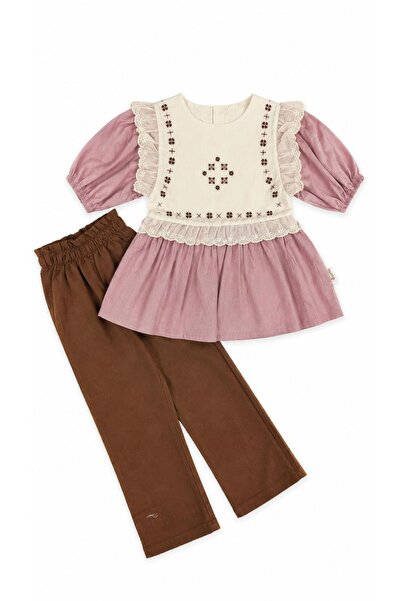 Oz Baby Girl's Cotton Embroidery Detailed Ruffled Tunic and Pants Set 6-9 Yea...