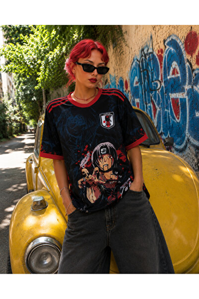 DEEFWEAR Itachi Baskılı Oversize Jersey Tişört Siyah Kırmızı Unisex Streetwear