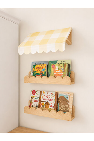 LunaLoveWood Montessori Çocuk Odası Kitaplık Rafı ve Dekoratif Tente Seti - 3...