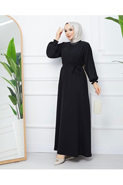 FRESH FASHION فستان هوريم من قماش ليندا بأكمام مطوية وياقة مستقيمة مزينة بالأ...