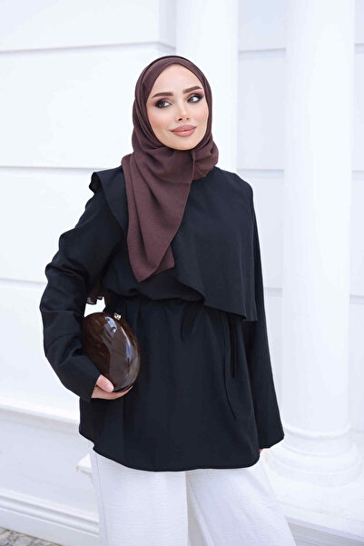 İmajButik Siyah Ön Detaylı Bel Bağlamalı Tunik