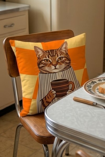 Atay Home Coffee Drinking Cat Patterned Decorative Throw Pillow Cover 43X43 cm Double Sided Orange Checkered Background
