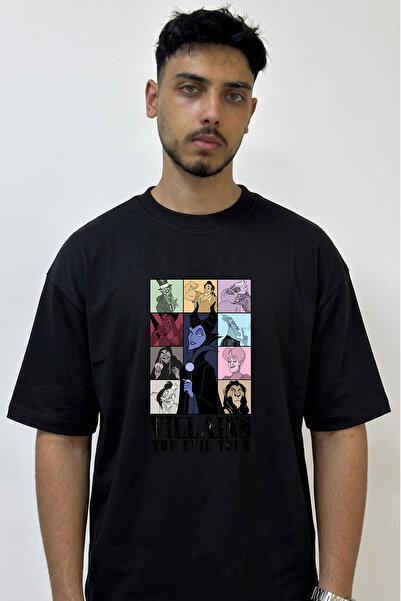 Anetos Disney Villains_1 Design Printed Oversize Black T-Shirt