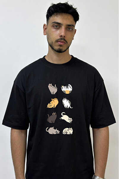 Anetos Cartoon Cats Design Printed Oversize Black T-Shirt