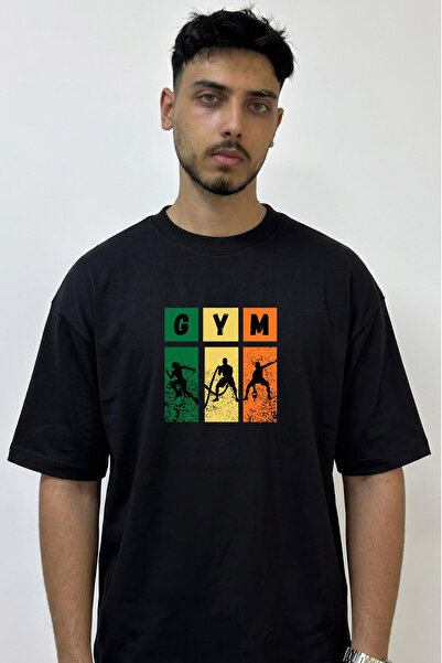 Anetos Gym Fitness Design Printed Oversize Black T-Shirt