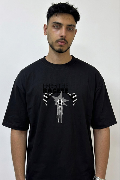 Anetos Tricou negru supradimensionat cu imprimeu Rage Scream Design