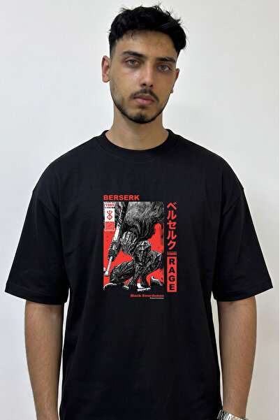 Anetos Black Swordsman Design Printed Oversize Black T-Shirt