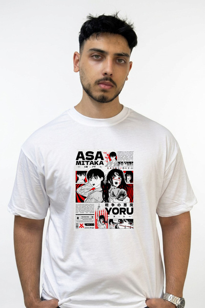 Anetos Asa Mitaka Yoru_1 Σχεδιαστικό εμπριμέ μπλουζάκι σε μεγάλο μέγεθος, λευκό