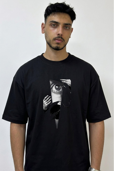 Anetos Abstract Eye Design Printed Oversize Black T-Shirt