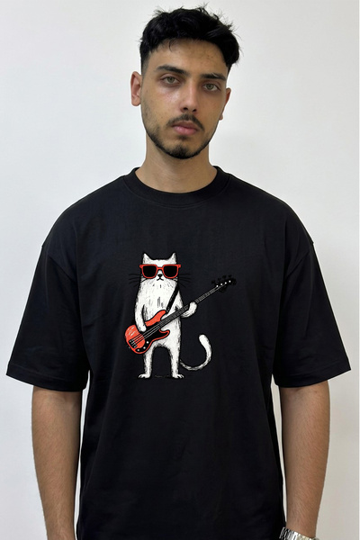 Anetos Rocker Cat Design Printed Oversize Black T-Shirt