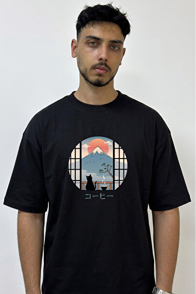 Anetos Cat Coffee Fuji Design Printed Oversize Black T-Shirt