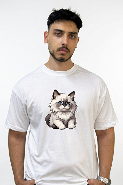 Anetos Blue-Eyed Cat Design Printed Oversize White T-Shirt