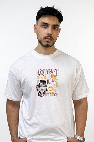 Anetos Grunge Gozler Design Printed Oversize White T-Shirt