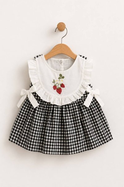 LUMİNO KİDS Baby Girl Strawberry Embroidered Gingham Dress Ruffle Collar Cotton Summer Stylish Casual Dress Black White 3-6-9-12-18 Months