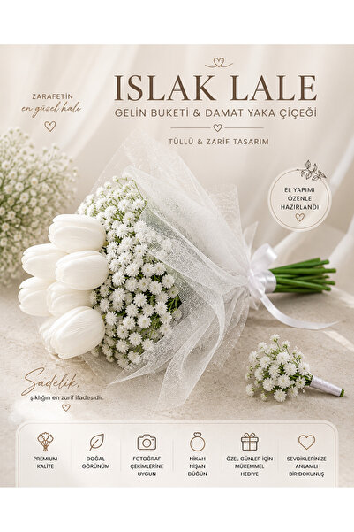 Hopeland ISLAK LALE GELİN BUKETİ TÜLLÜ ZARİF& DAMAT YAKA ÇİÇEĞİ T