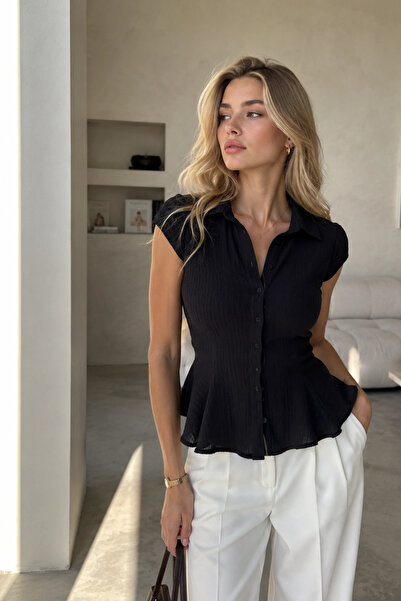 Lusin Women's Black Striped Slim Fit Shiny Stylish Zero Sleeve Shirt