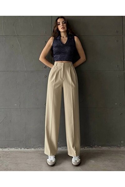 glanour Women's Pleated Wide Leg Woven Trousers